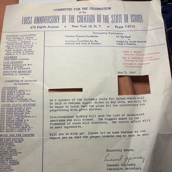1949 Emanuel Zapinsky Autograph Signed Letter – Israel Anniversary NYC – May 3 - Picture 1 of 1